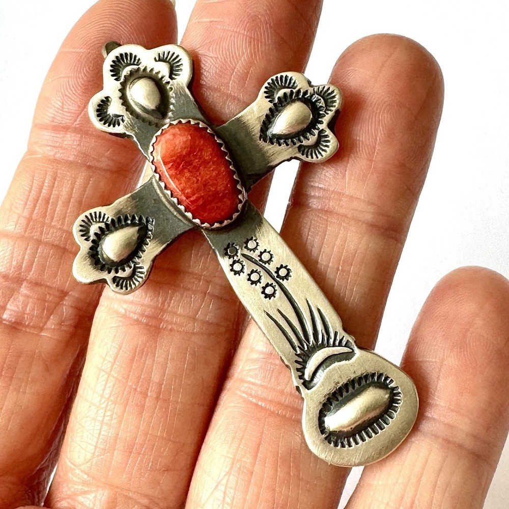 Navajo Cross Pendant 2.5in Red Spiny Oyster Yucca Sterling V Cayancito‎ Signed